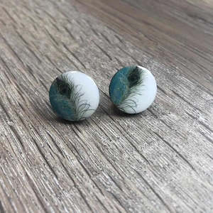 Earrings - White with Peacock Feather