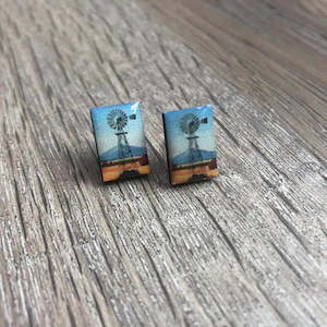 Earrings - Windmill on Blue with Orange