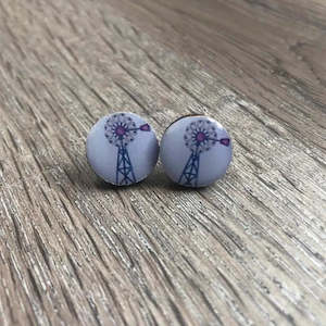 Earrings - Grey with Pink Windmill