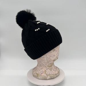 Cotton Road Knitted Beanie with Faux Pearls - Black