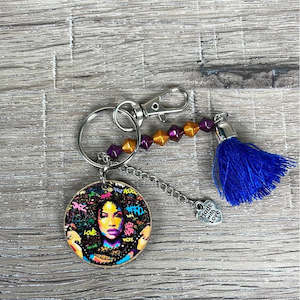 Key Rings And Tags: Key Tag - Wooden Circle with Woman's Face