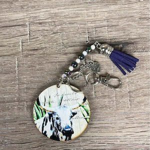 Key Tag - Wooden Circle with White and Black Cow