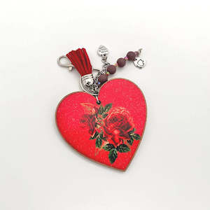 Keyring - Red Wooden Heart With Red Rose