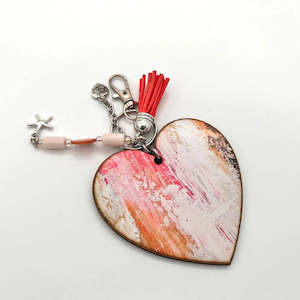 Key Tag - Wooden Heart With Pink Watercolours