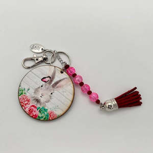 Handbag Tag / Keyring - White Bunny with Roses