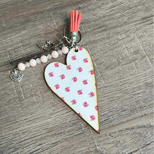 Key Tag - Wooden Heart With Pink Roses