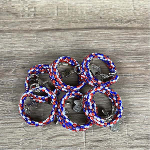 Serviette Rings - Blue, red and white large beads - 6 pack - "Made with Love"