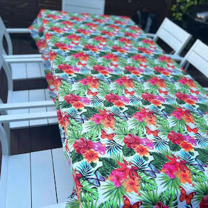 White Tablecloth with Tropical Flowers