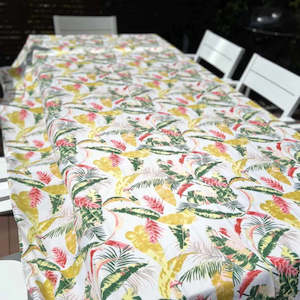 Tablecloths Runners: Tablecloth - Beige with Pink & Mustard Tropical Flowers