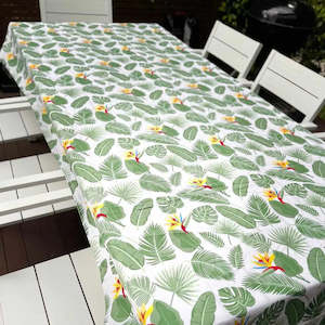 White Tablecloth with Delicious Monster & Strelitzia