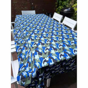 Blue and Green Camo Tablecloth with Shapes