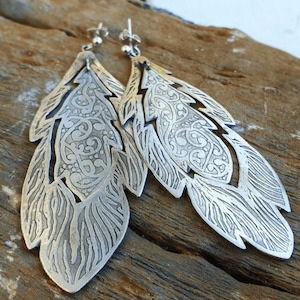 Jewellery manufacturing: Etched Feather Earrings Silver Large