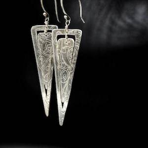 Jewellery manufacturing: Etched Triangle Earrings Silver Double