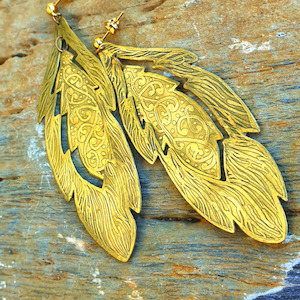 Etched Feather Earrings Silver Large