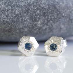 Boulder Studs with Blue Sapphires - Sterling Silver