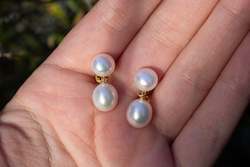 Button Pearl Drop Stud Earrings - White - 9ct Gold