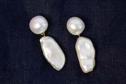 Baroque and Button Pearl Drop Stud Earrings - White - 9ct Gold