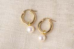 Round Pearl Drop Hoop Earrings - White - 9ct Yellow Gold