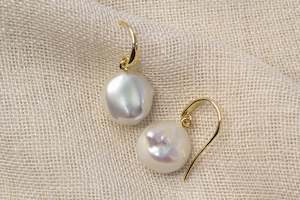 Jewellery manufacturing: Keshi Pearl Drop Hook Earrings - White - 9ct Yellow Gold