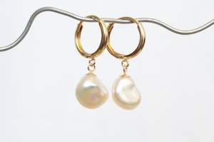 Keshi Pearl Drop Huggie Earrings - White - 9ct Yellow Gold