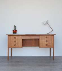 Tables: Danish Teak Pedestal Desk with Bookcase