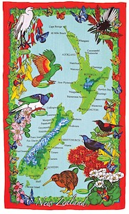 NZ Map and Birds Tea Towel