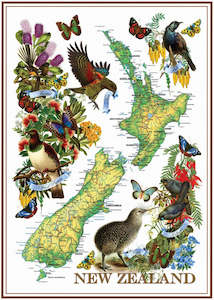 Designer Tea Towel - NZ Birds And Map