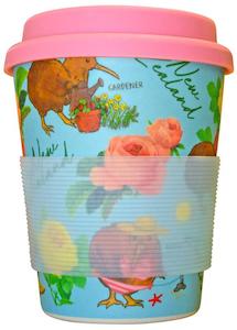 Kiwi and Flowers - Blue With Pink Lid - Bamboo Coffee Cup