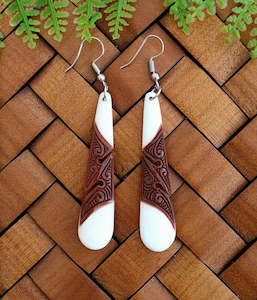 Drop With Koru And Hand Painted Bone Carving Earrings - 55mm long