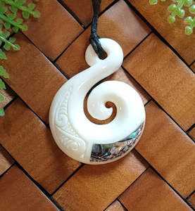 Koru With Paua Bone Carving Pendant #38