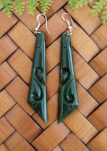 NZ Greenstone Drop Koru Earrings 73mm #57