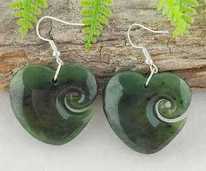 NZ Greenstone Heart With Koru Carving Earrings #68