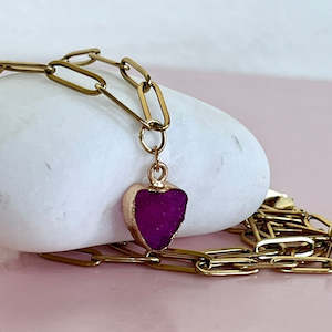 Gift: Ice Quartz Purple Heart on Paperclip Chain Necklace