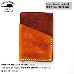 Leather or leather substitute goods: Pocket Card & Cash Keeper - Tan & Medium Brown - Next Day Shipping