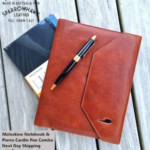 Hawk Full Grain Wrap Closure A5 Notebook Cover - Pen & Notebook Combo