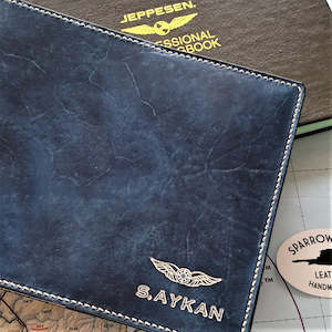 Leather or leather substitute goods: FAA (US) Pilot Logbook Cover COM - 1 colour embossed small wings & initials