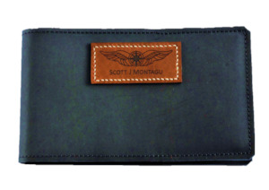 Leather or leather substitute goods: FAA (US) Pilot Logbook Cover PPL- black aniline, laser engraved wings & name patch