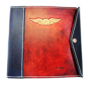 NZCAA Pilot Logbook Cover - wrap closure, 2 colour spine / front, carved wings /…