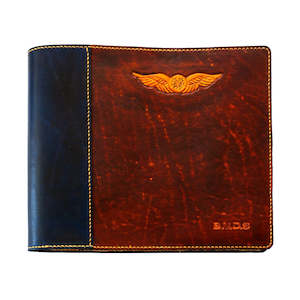 Leather or leather substitute goods: CASA (Australia) Pilot Logbook Cover - book closure, 2 colour spine / front, carved wings /embossed initials