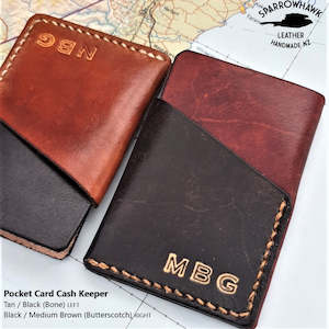 Leather or leather substitute goods: Pocket Card & Cash Keeper - Hand Finished - Embossed Initials