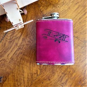 Tiger Moth 6 oz Hip Flask - Hand Dyed Leather on Stainless Steel - Laser Engraved