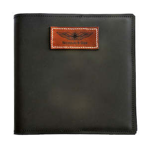 Leather or leather substitute goods: NZCAA Pilot Logbook Cover - black aniline, laser engraved wings & name patch