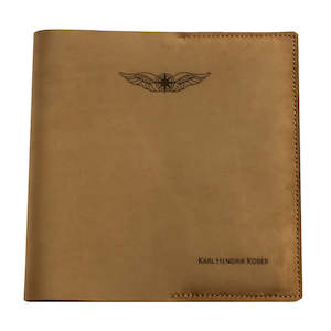 NZCAA Pilot Logbook Cover - mocha nubuck, laser engraved wings & name