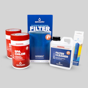 Combo Packs: Platinum Microban Filter, NaturePure Spa Stick, Filter Cleaner & 2kg Chlorine Subscription Pack.