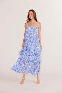 Mink Pink Waverly Asymmetric Tiered Midi Dress - Blue White Floral