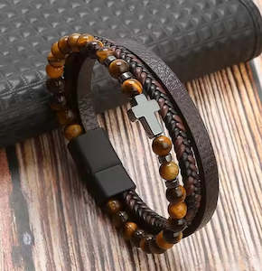 Womenswear: Fresh Accessories - Mens/Unisex Leather Bracelet Coffee Cross