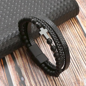 Fresh Accessories - Mens/Unisex Leather Bracelet Black Cross