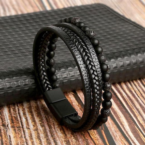 Fresh Accessories - Mens/Unisex Leather Bracelet Black w Beads