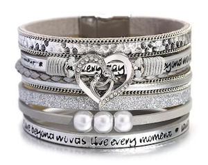 Fresh Accessories - Jojo Silver Heart Leather Wrap Bracelet