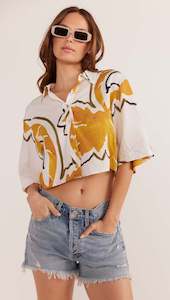 Mink Pink Zuri Crop Shirt - White Palm Print